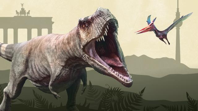 Artwork von einem brüllenden T-Rex und dem Brandburger Tor im Hintergrund